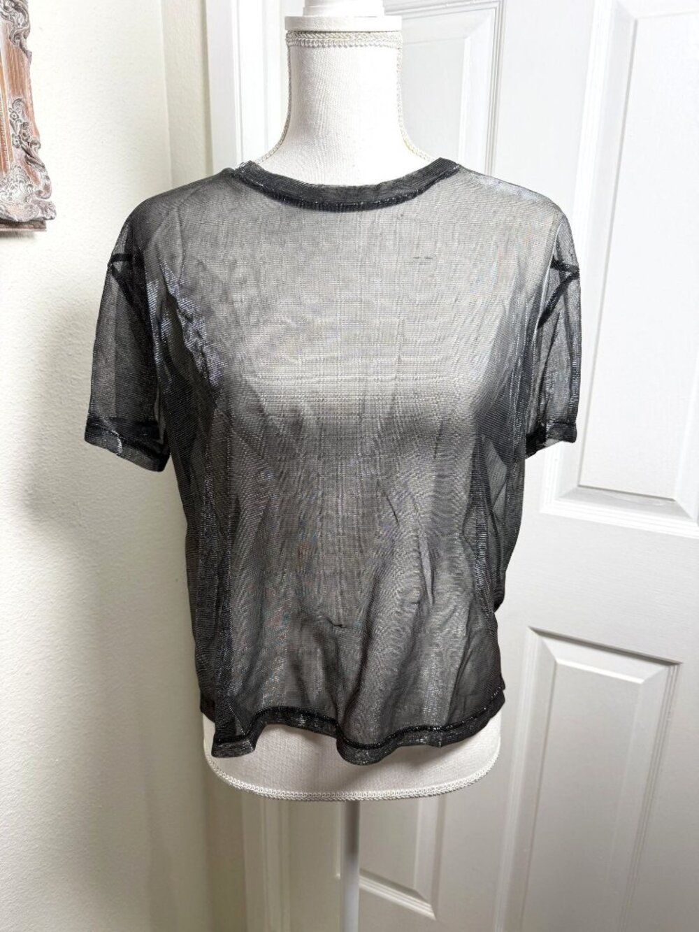 H&M Divided Sheer Black Top Size Med Round Neck Dance Club Wear  B41